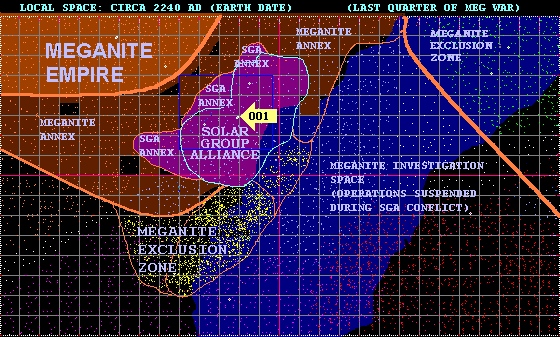 MEGANITE EXPANSION HALTS WHILE THEY DEAL WITH THE Solar Group Alliance THREAT.  MEGANITE EXCLUSION ZONES are actually areas where the Meganites have been kept out by opposition forces unknown to Earth during the conflict